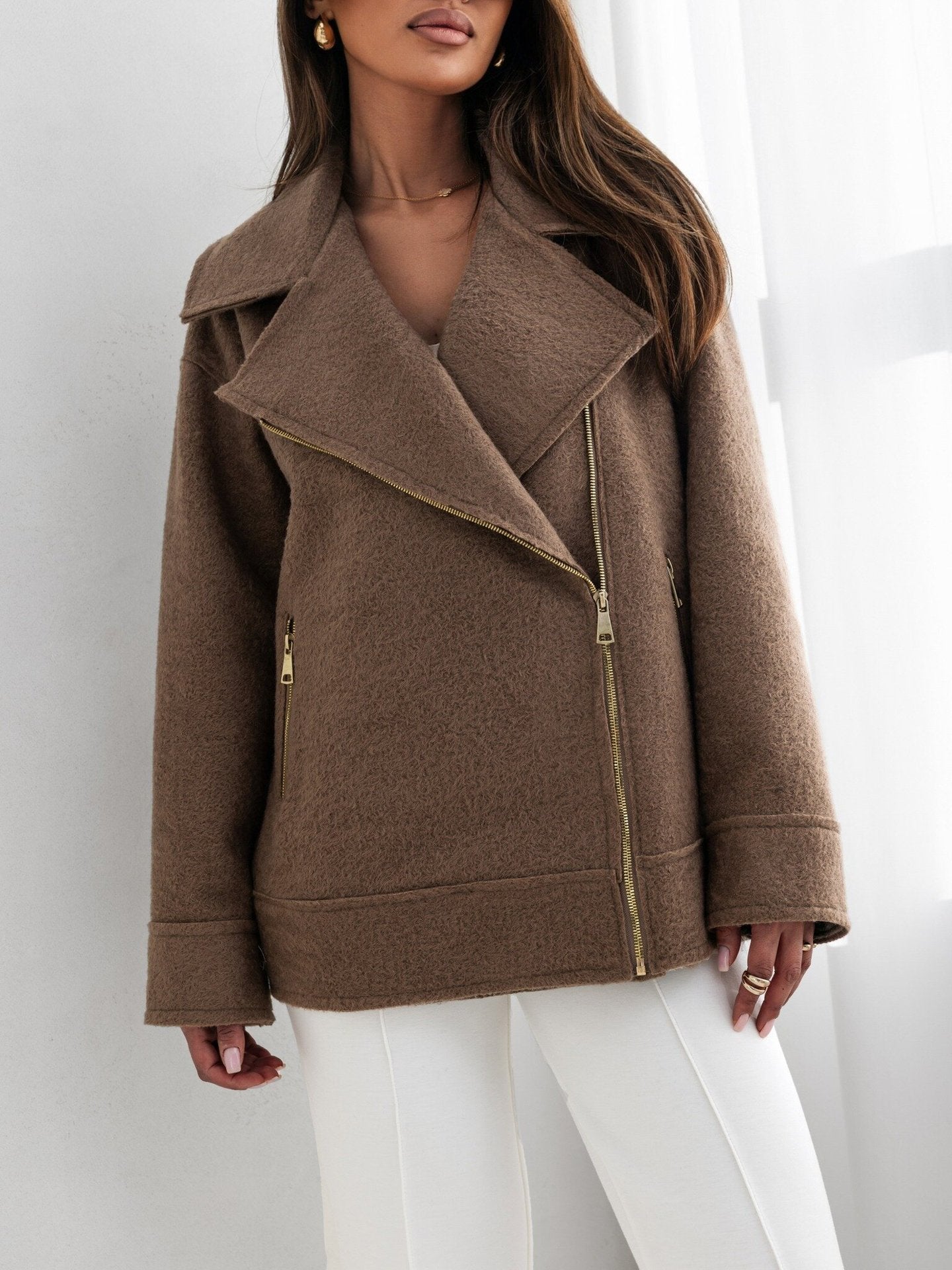 Brown wool-blend moto jacket from Langry, showcasing stylish and warm ملابس options