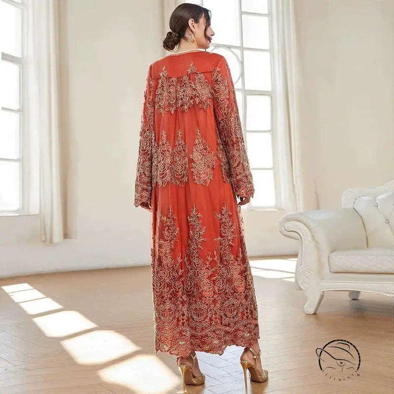 Flowing orange casual mesh dress with gold embroidery and lace, langry fashion ملابس