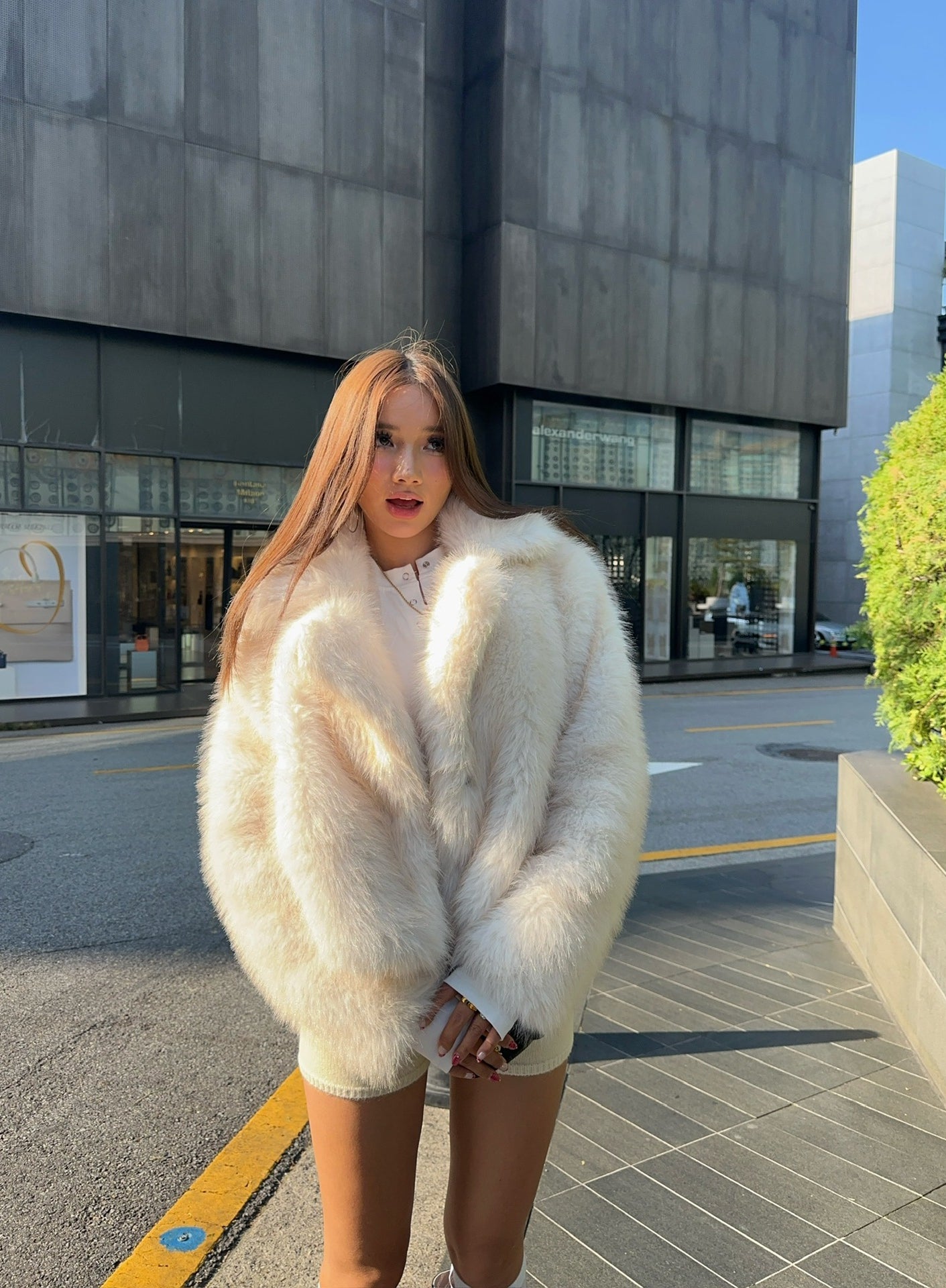 Cream faux fur oversized coat with high collar and pockets by Langry fashion