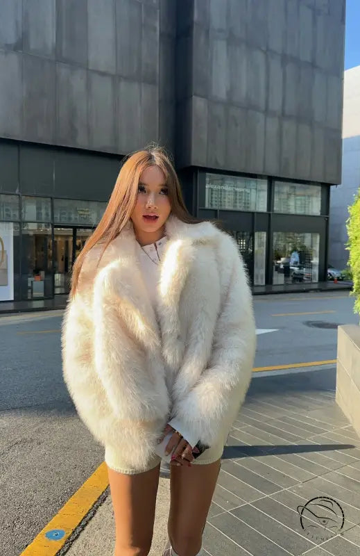 Langry cream faux fur oversized coat with high collar and pockets