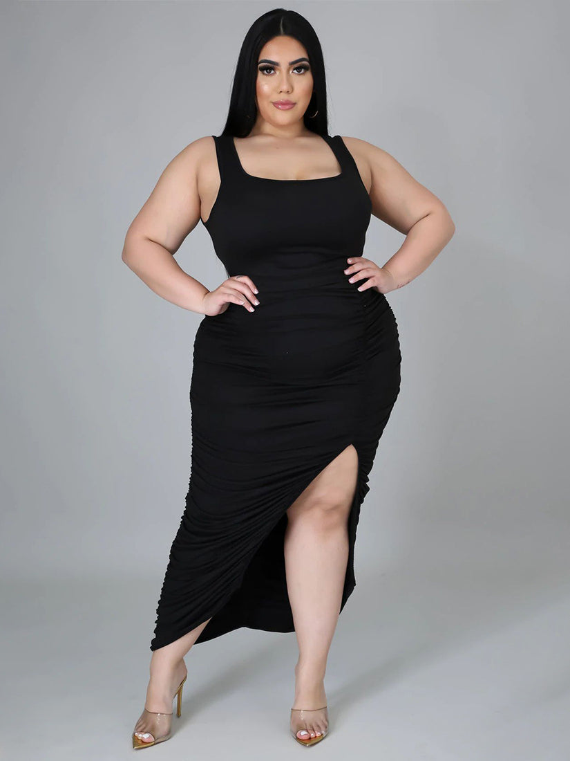 Black square-neck midi split dress from Summer Slim Fit Fold Split Dress collection