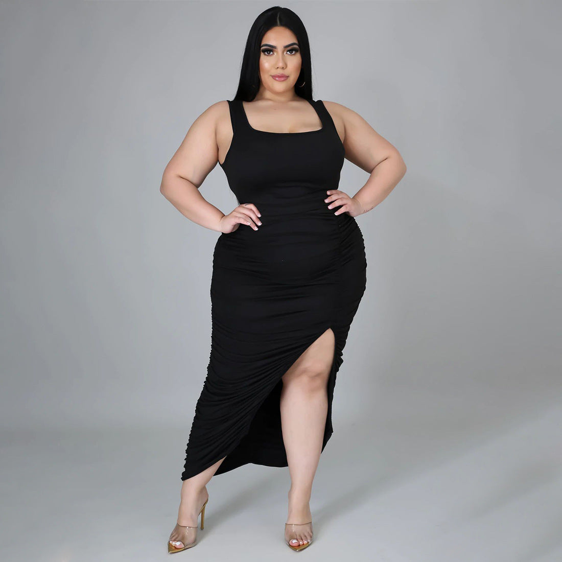 Black square-neck midi split dress from Summer Slim Fit Fold Split Dress collection