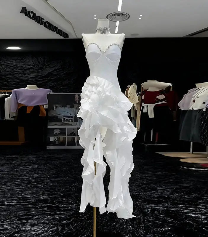 White ruffled evening gown with beaded bodice in enchanting red fashion