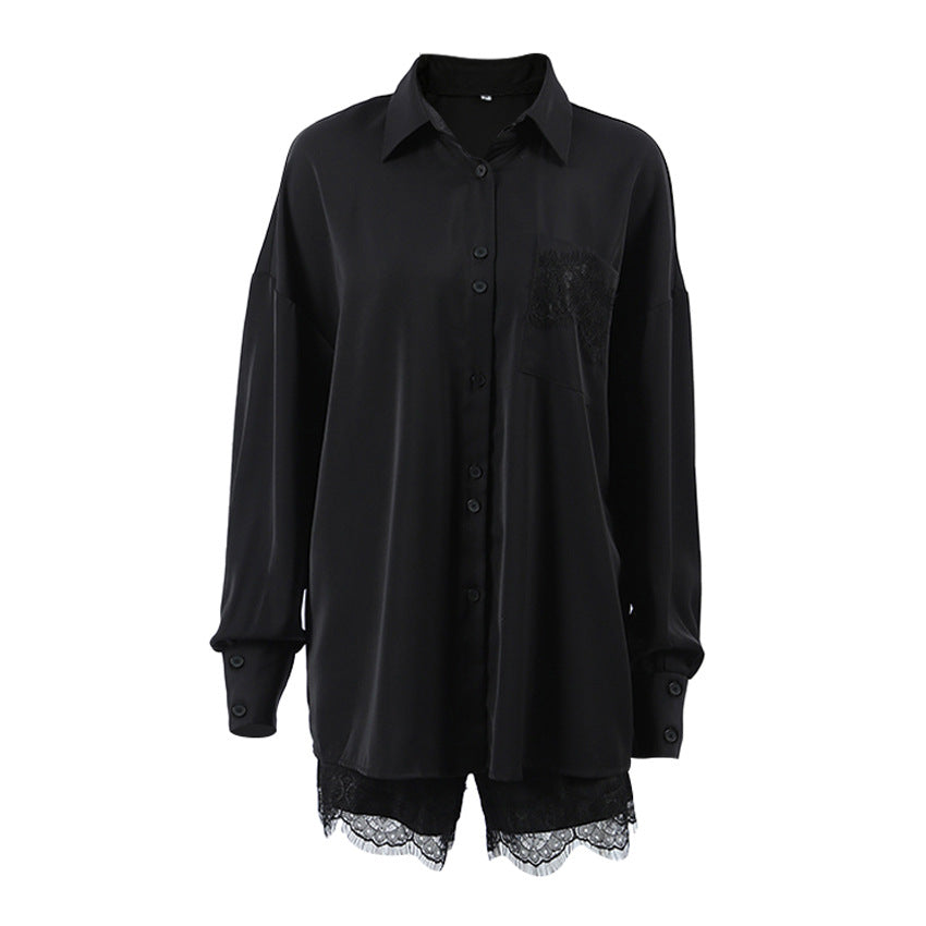 Comfort Black Shorts Pajamas featuring a Black Satin Shirt and Lace Shorts Set for elegant fashion