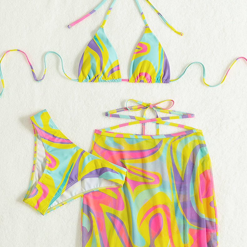 Colorful swirl-patterned swimsuit and cover-up set from Printing Tied Spaghetti Strap Cross Halterneck High Waist Backless Bikini Three Piece Set, perfect for fashionable ملابس