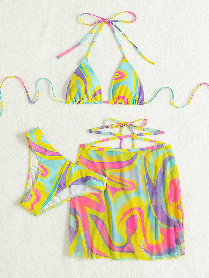 Colorful swirl-patterned swimsuit and cover-up set from Printing Tied Spaghetti Strap Cross Halterneck High Waist Backless Bikini Three Piece Set, perfect for fashionable ملابس