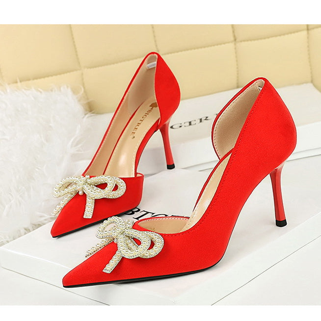 Cute Rhinestone Pearl Bow High Heels