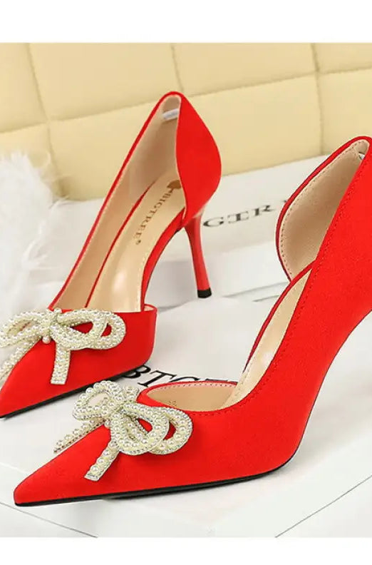 Cute Rhinestone Pearl Bow High Heels