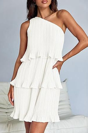 White one-shoulder layered stitching hem pleated dress showcasing stunning shoulder style
