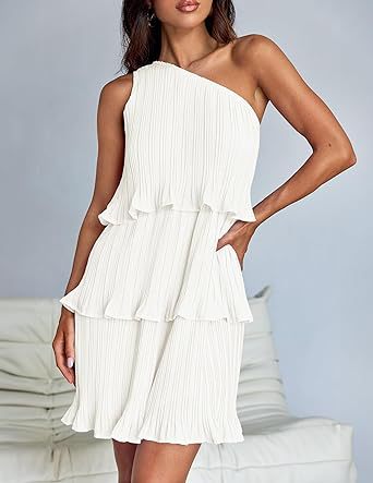 White one-shoulder layered stitching hem pleated dress showcasing stunning shoulder style