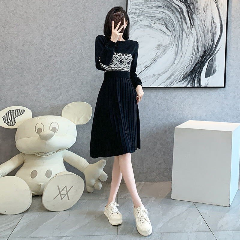 Black knit dress with geometric pattern, classic knitted dress for stylish look