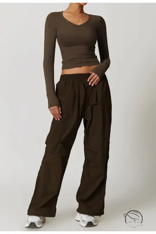 Olive-green winter quick drying brushed tight yoga t-shirt with baggy pants