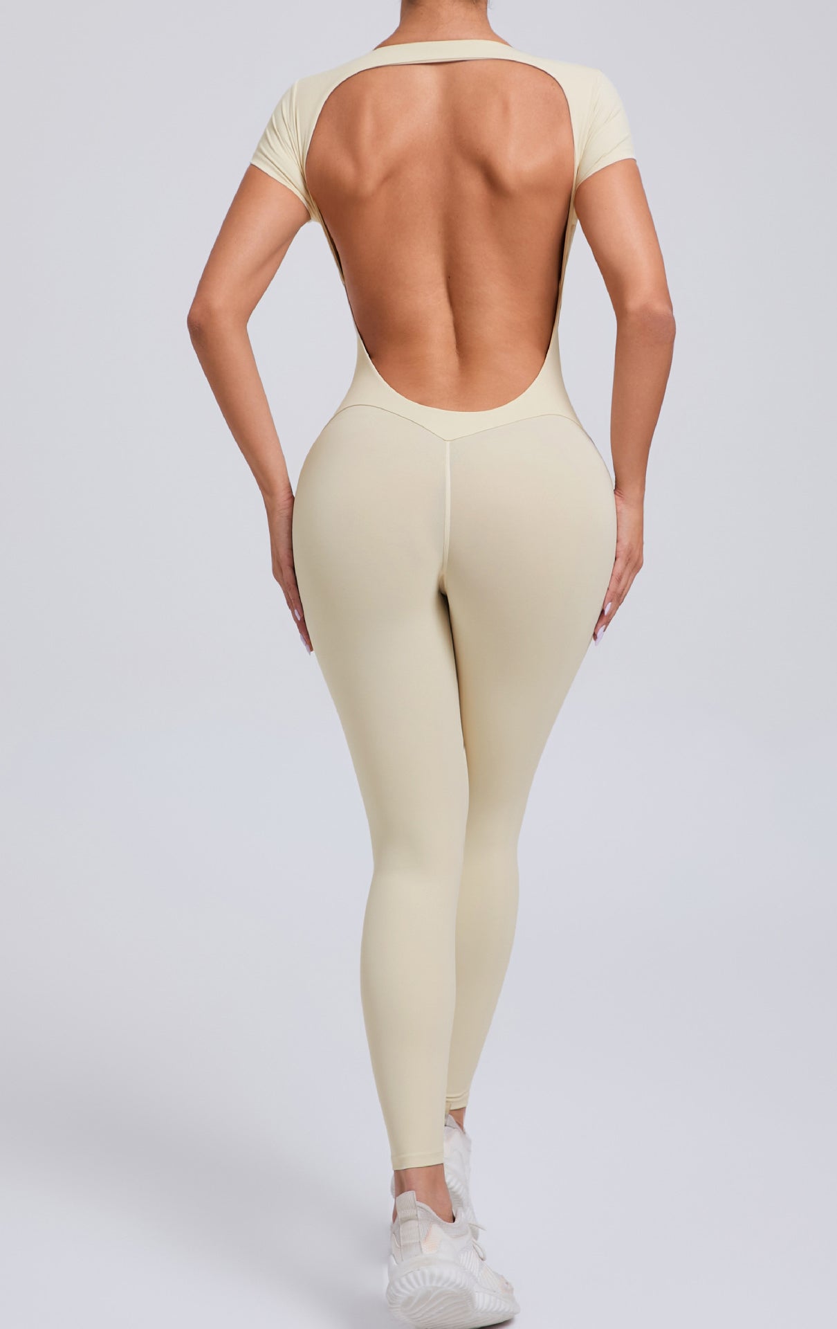 Cream-colored backless Langry yoga bodysuit in tight quick-drying fashion