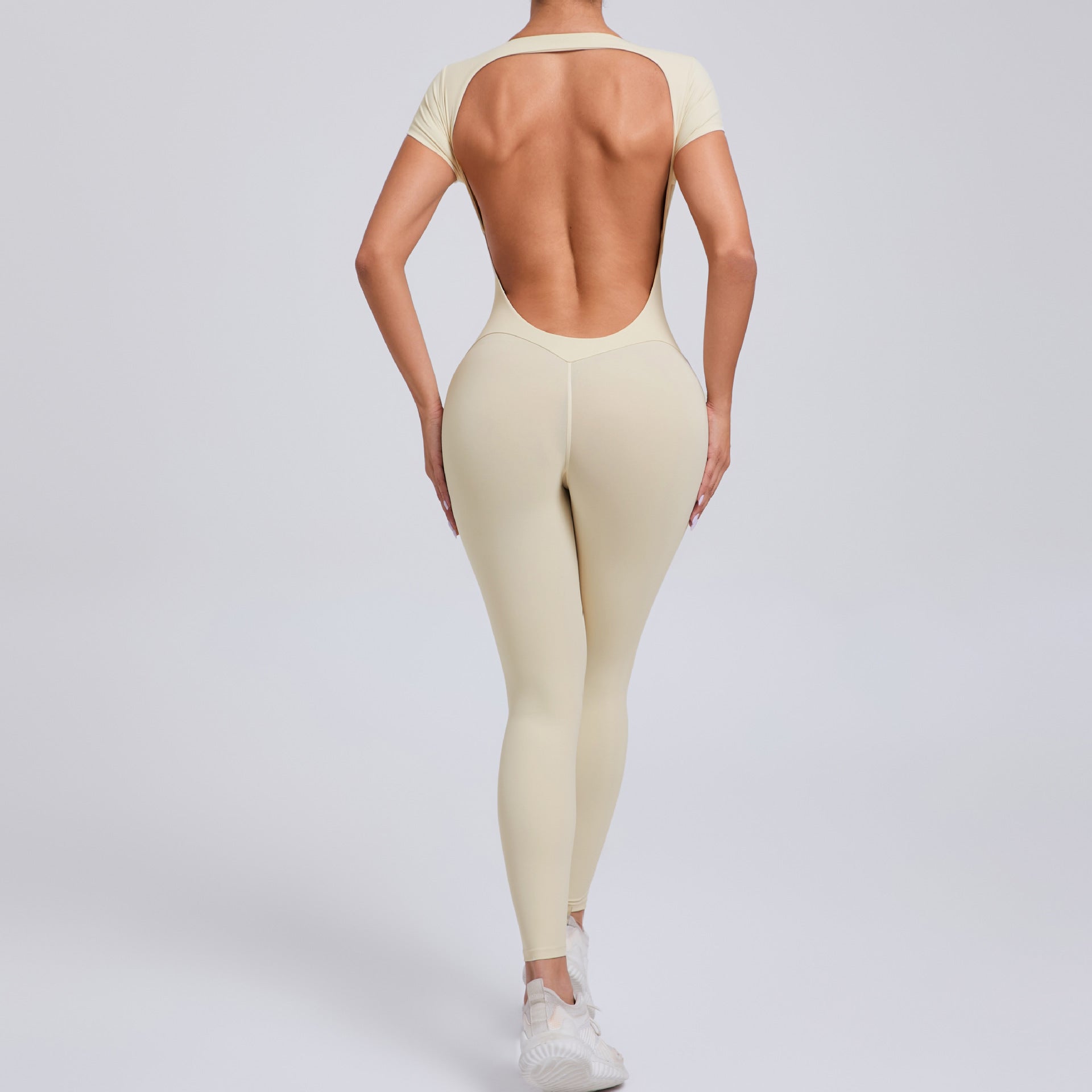 Cream-colored backless Langry yoga bodysuit in tight quick-drying fashion