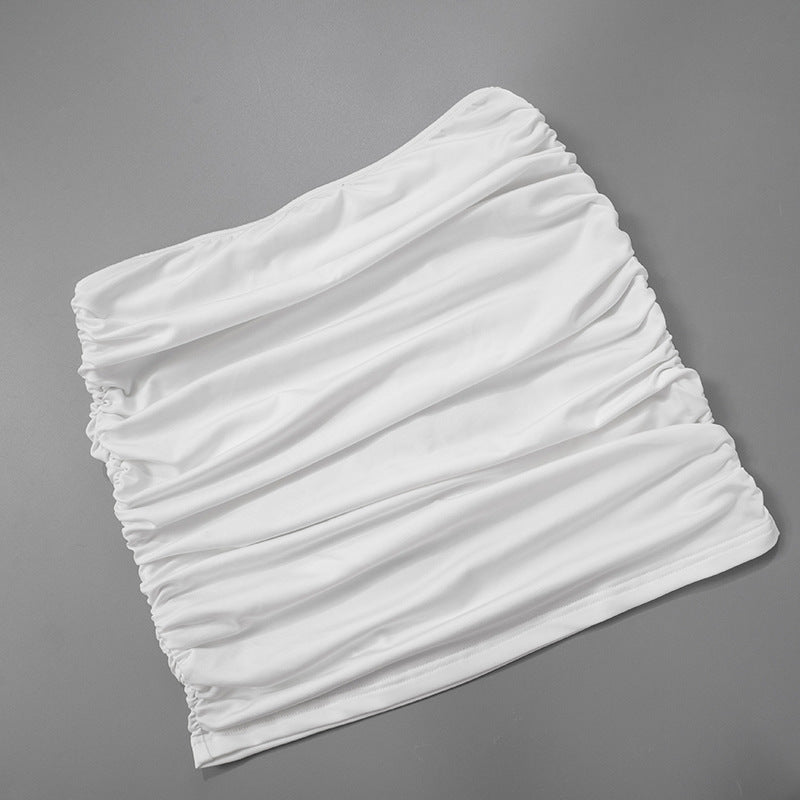 White ruched fabric with horizontal gathered folds for Women’s Summer Fashion Skirt Set