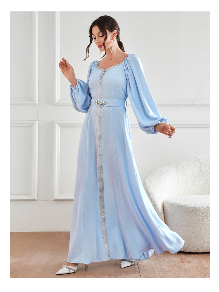 Elegant high-waist langry fashion chiffon dress with bell sleeves