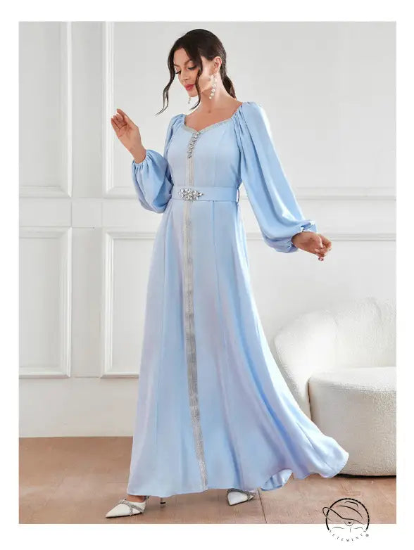 Elegant high waist langry fashion dress in light blue chiffon with bell sleeves