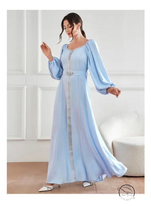 Elegant high waist langry fashion dress in light blue chiffon with bell sleeves
