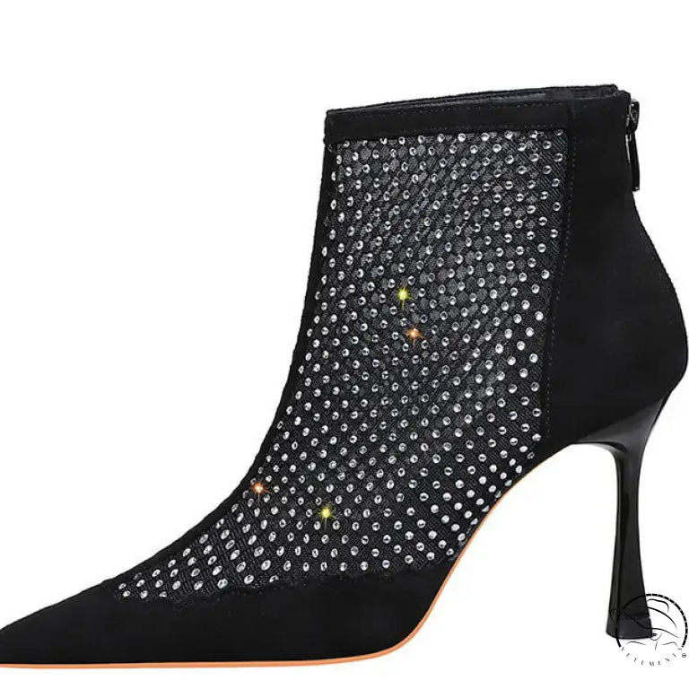 Langry fashion black suede ankle boot with rhinestone stiletto heel