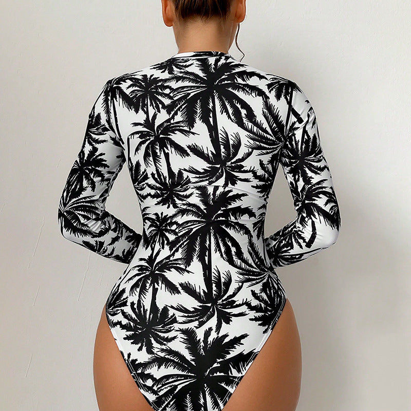 Palm tree patterned long sleeve bodysuit for women, fashionable swimwear with zipper