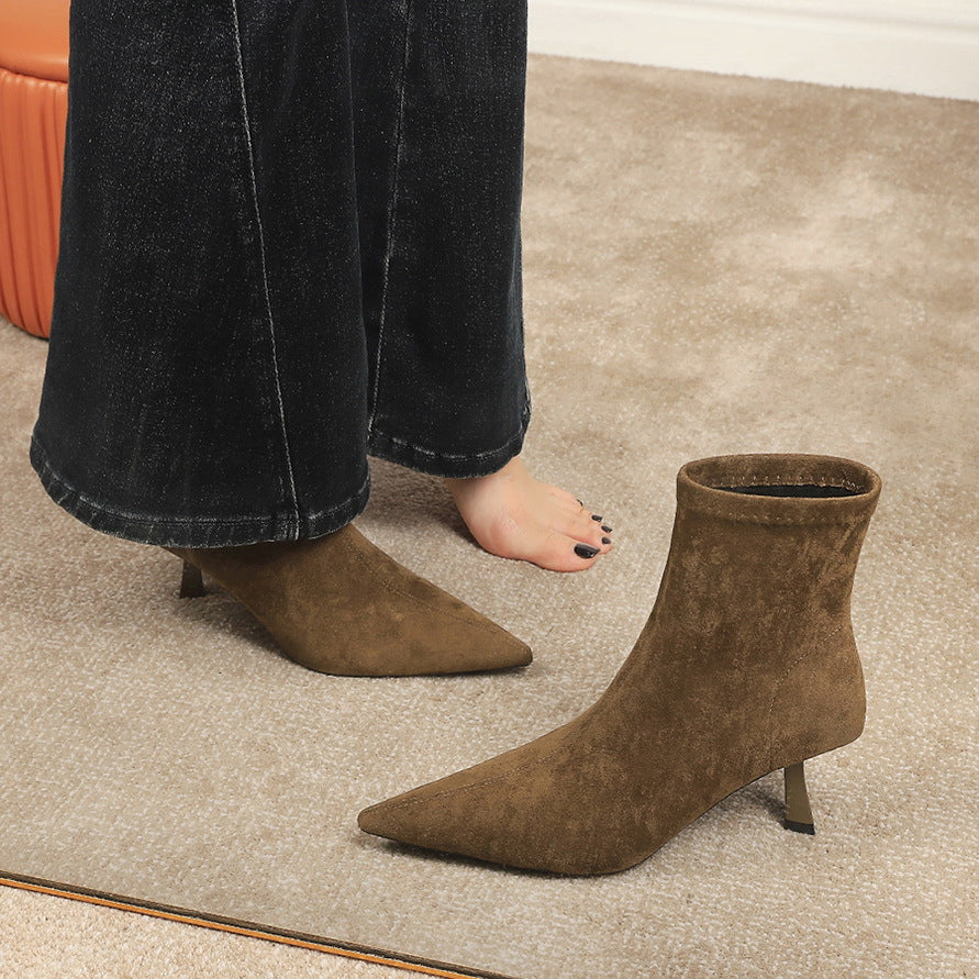 Langry fashion brown suede ankle boots with pointed toes and low heels