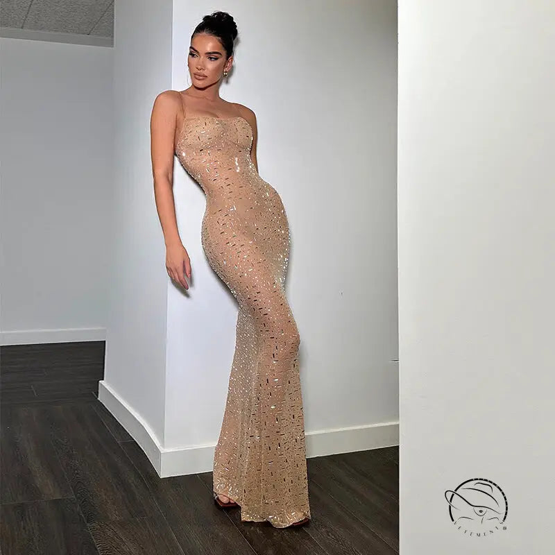 Elegant langry beaded nude strapless fishtail gown in fashion ملابس