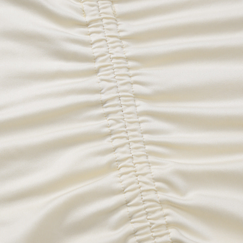 Cream-colored gathered fabric of Bow Drawstring Long Sleeve Autumn Lace Backless Set