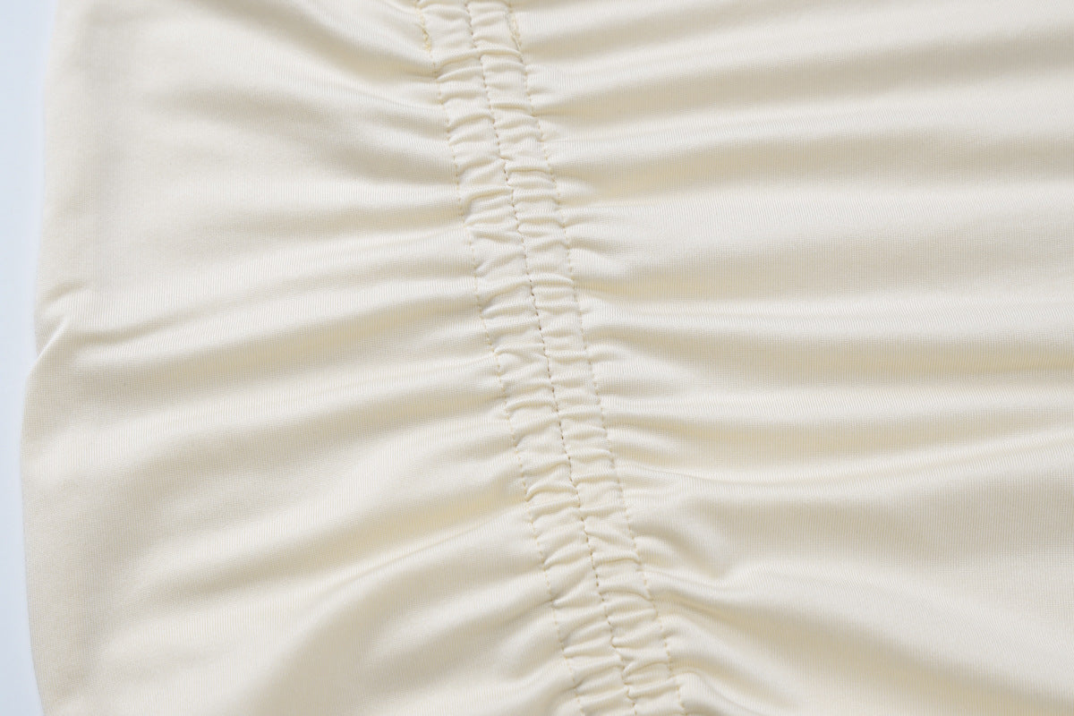 Cream-colored gathered fabric of Bow Drawstring Long Sleeve Autumn Lace Backless Set