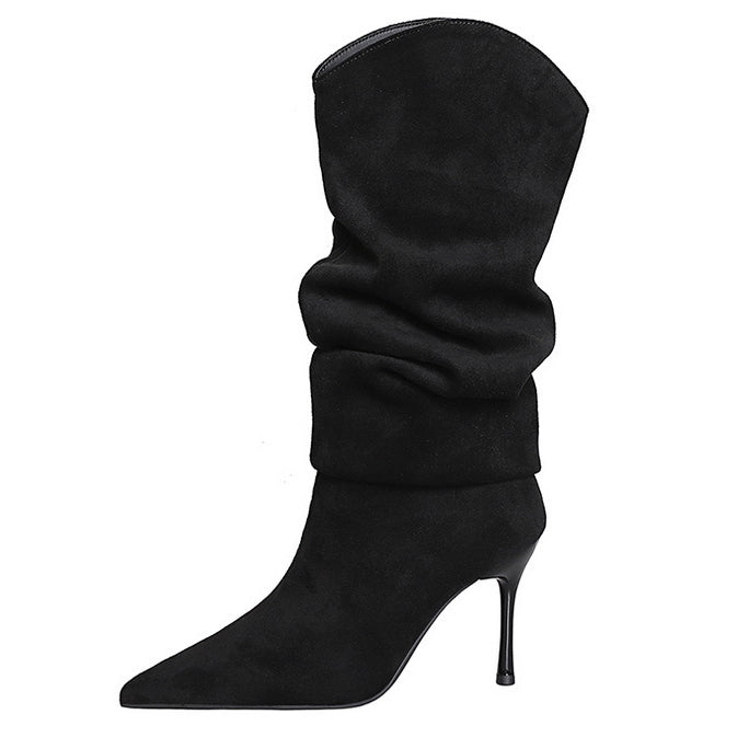 Langry black suede knee-high fashion boots with pointed toe and slender heel