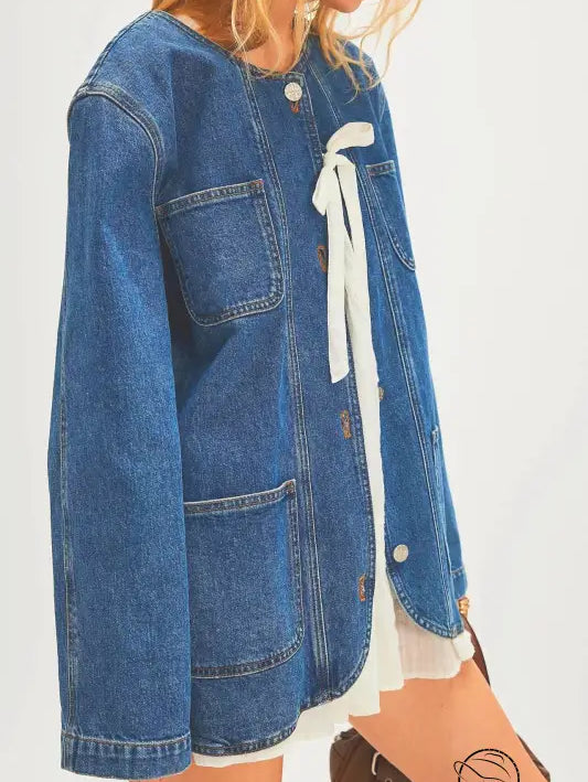 Blue denim casual fashionable cowboy coat with ribbon closure and patch pockets