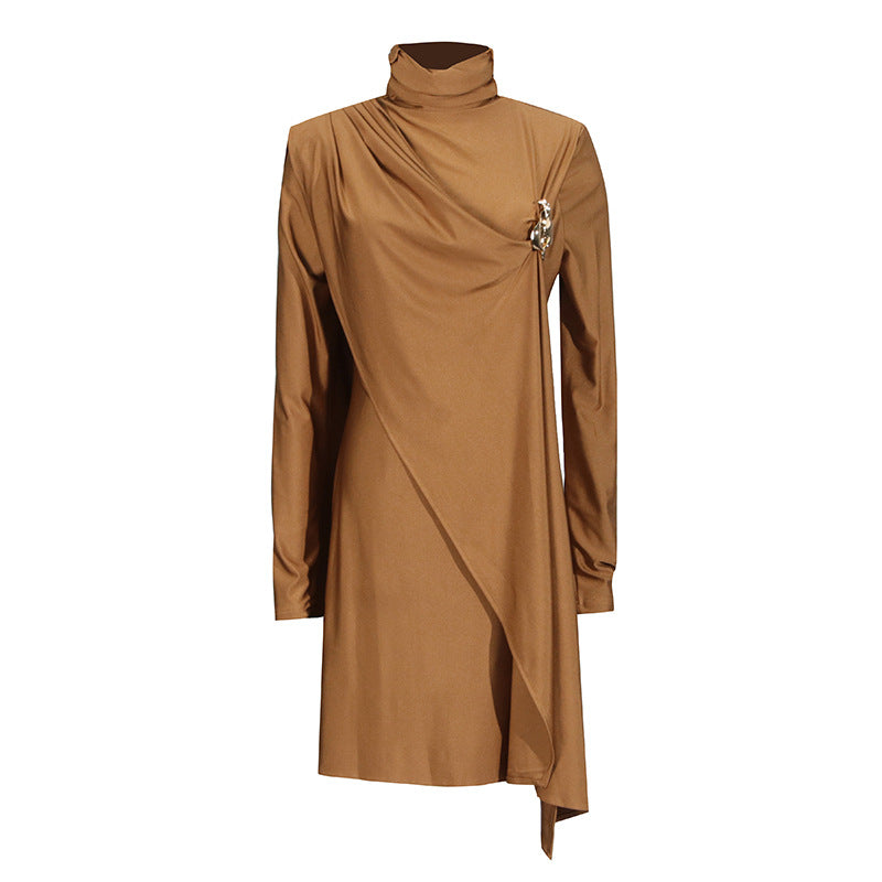 Asymmetrical camel-colored turtleneck dress showcasing langry fashion elegance