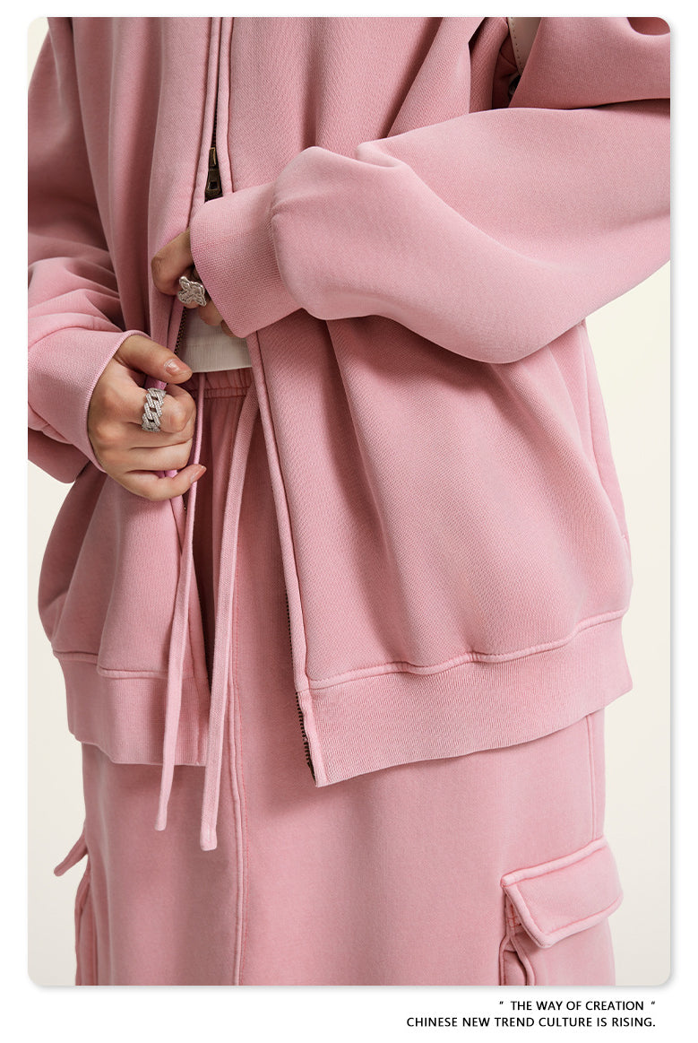 Pink oversized hoodie sweatshirt with drawstrings in trendy Winter Heavy Retro Jacket fashion
