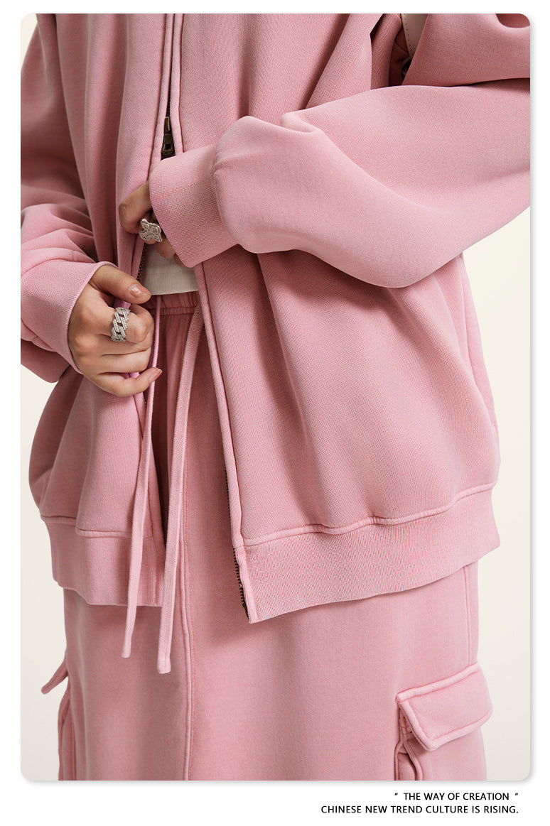 Pink oversized hoodie sweatshirt with drawstrings in trendy Winter Heavy Retro Jacket fashion