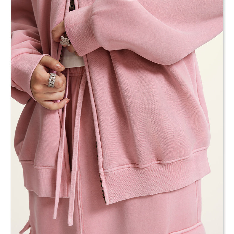Pink oversized hoodie sweatshirt with drawstrings in trendy Winter Heavy Retro Jacket fashion