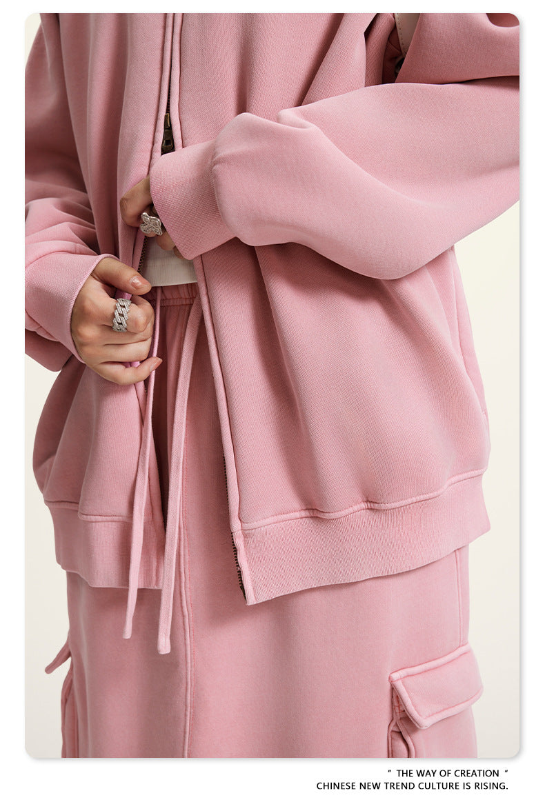 Pink oversized hoodie sweatshirt with drawstrings in trendy Winter Heavy Retro Jacket fashion
