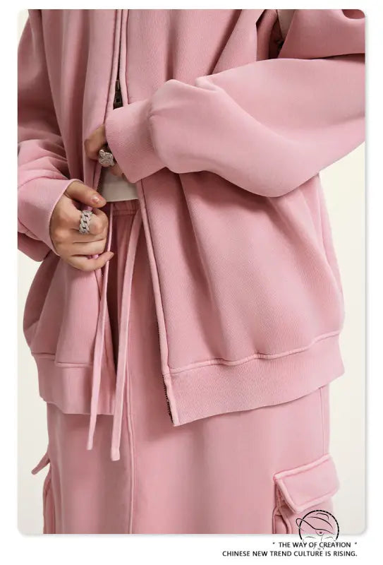 Pink winter heavy retro jacket with oversized hoodie and drawstrings