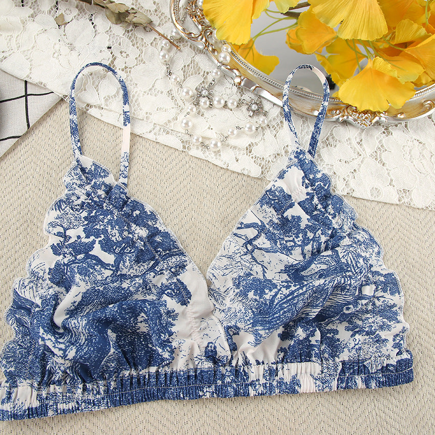 Blue and white toile print bralette with spaghetti straps for stylish home wear and fashion