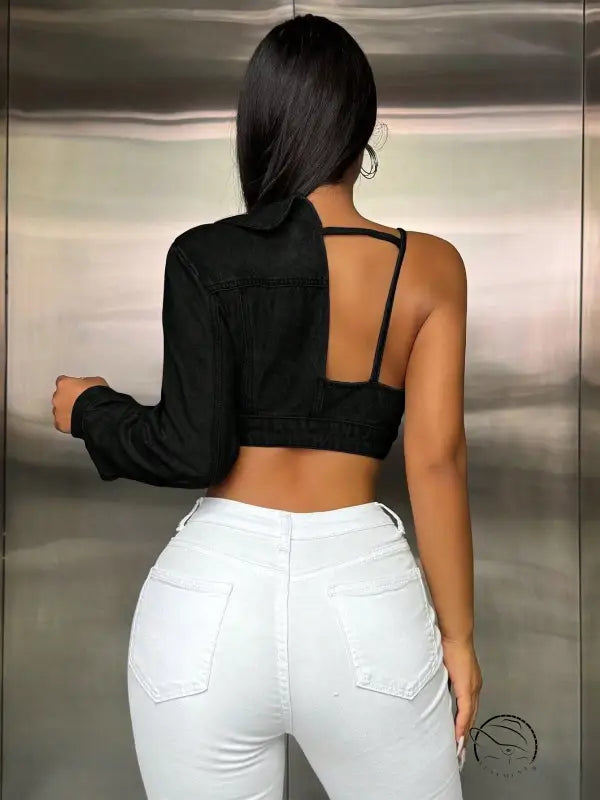 Popular Strap Matching Long Sleeve Denim Top