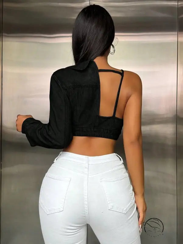 Popular Strap Matching Long Sleeve Denim Top