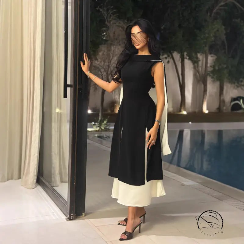 Elegant langry fashion ملابس: black and white sleeveless retro dress