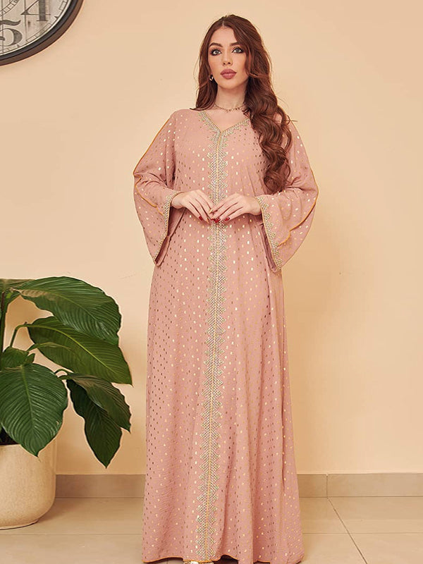Elegant dusty rose langry abaya with intricate embroidery and flowing sleeves