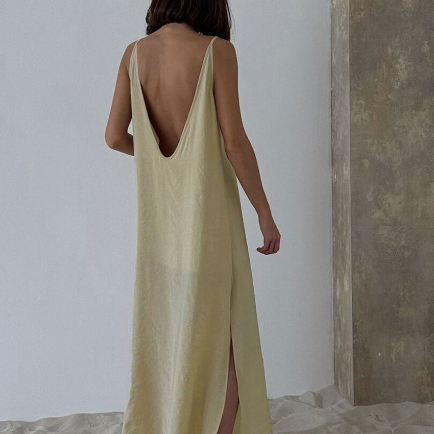 Cream-colored linen Langry fashion pajamas dress with back cutout and slit