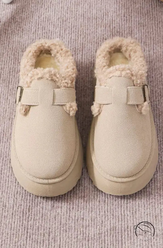 Beige faux-suede Langry fashion clogs with buckle and faux-fur lining