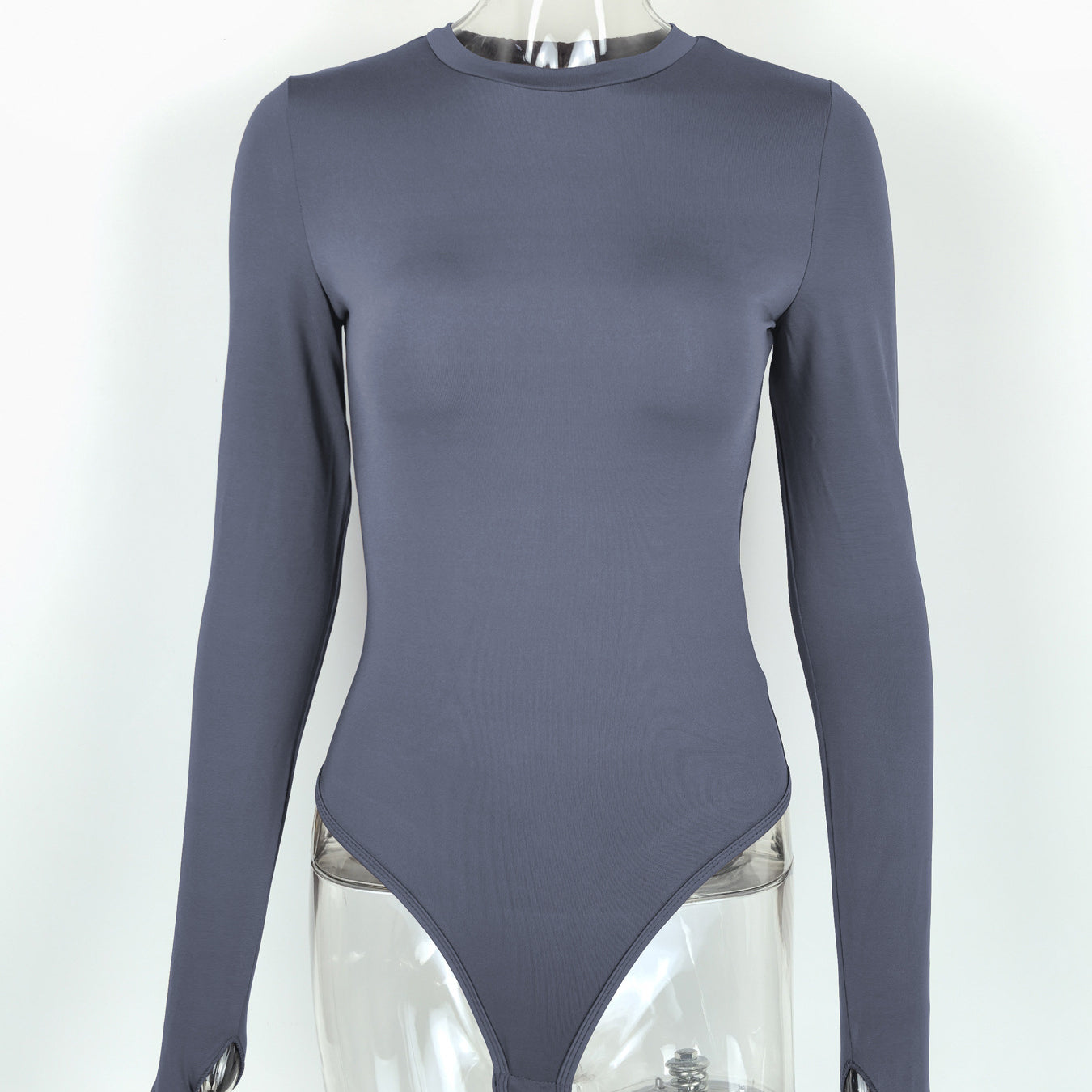 Gray ribbed long-sleeved bodysuit with silver hardware in fashion ملابس