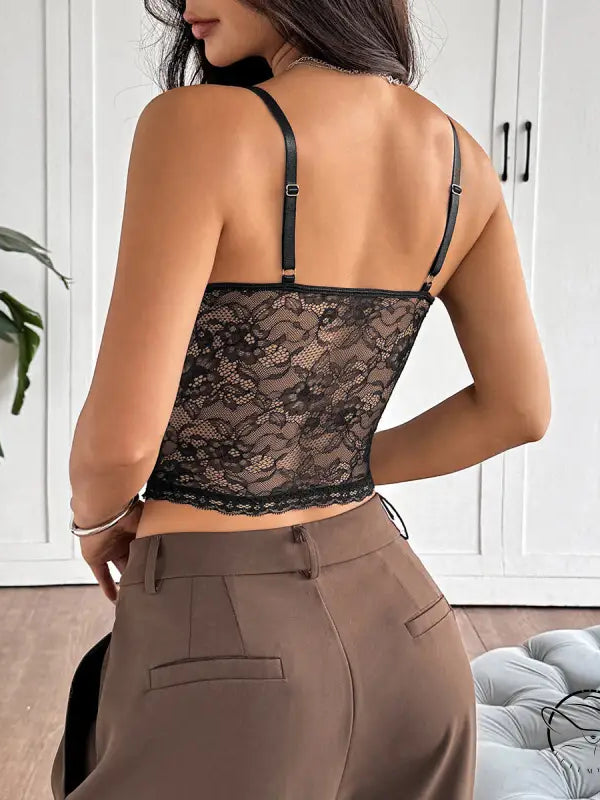 Black bow simple breathable lace camisole top with thin straps