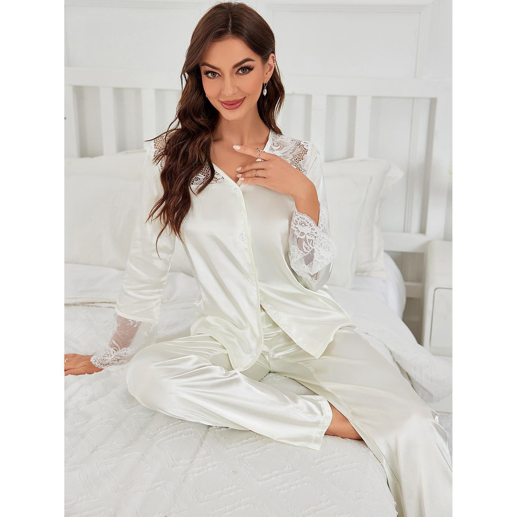 White satin pajama set with lace trim for elegant silk home wear and night comfort