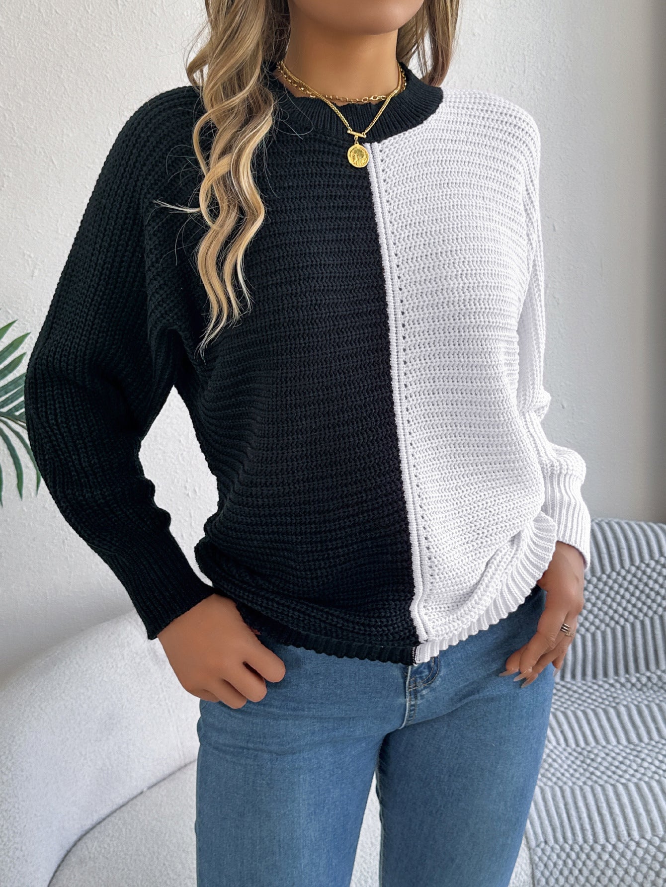 Two-tone knit sweater from Casual Shoulder Oversleeve Sweater collection, stylish ملابس