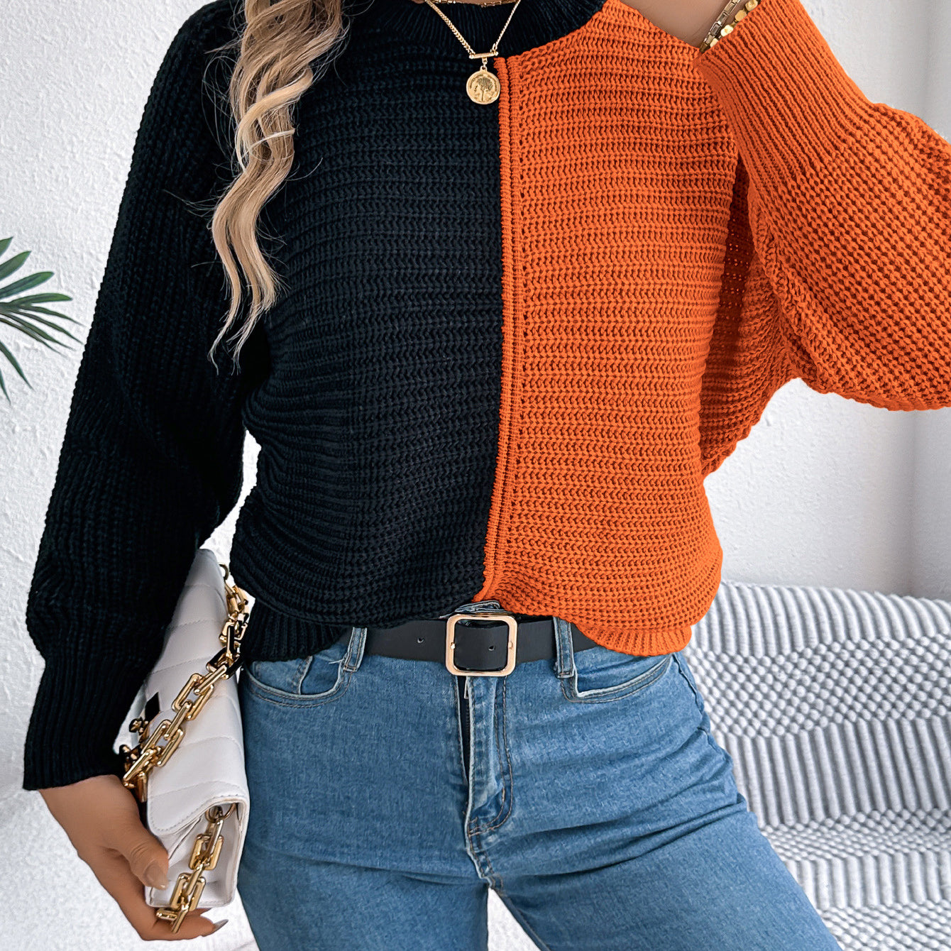 Two-tone knit sweater from Casual Shoulder Oversleeve Sweater collection, stylish langry fashion ملابس