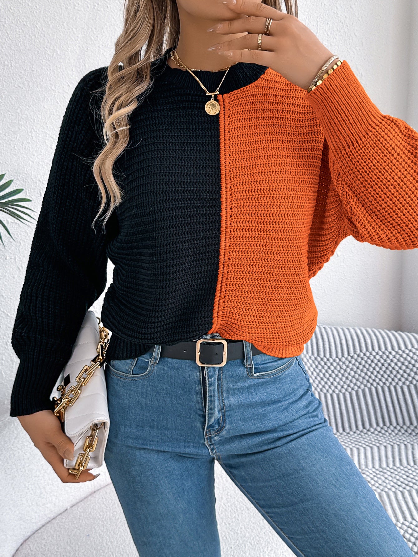 Two-tone knit sweater from Casual Shoulder Oversleeve Sweater collection, stylish langry fashion ملابس