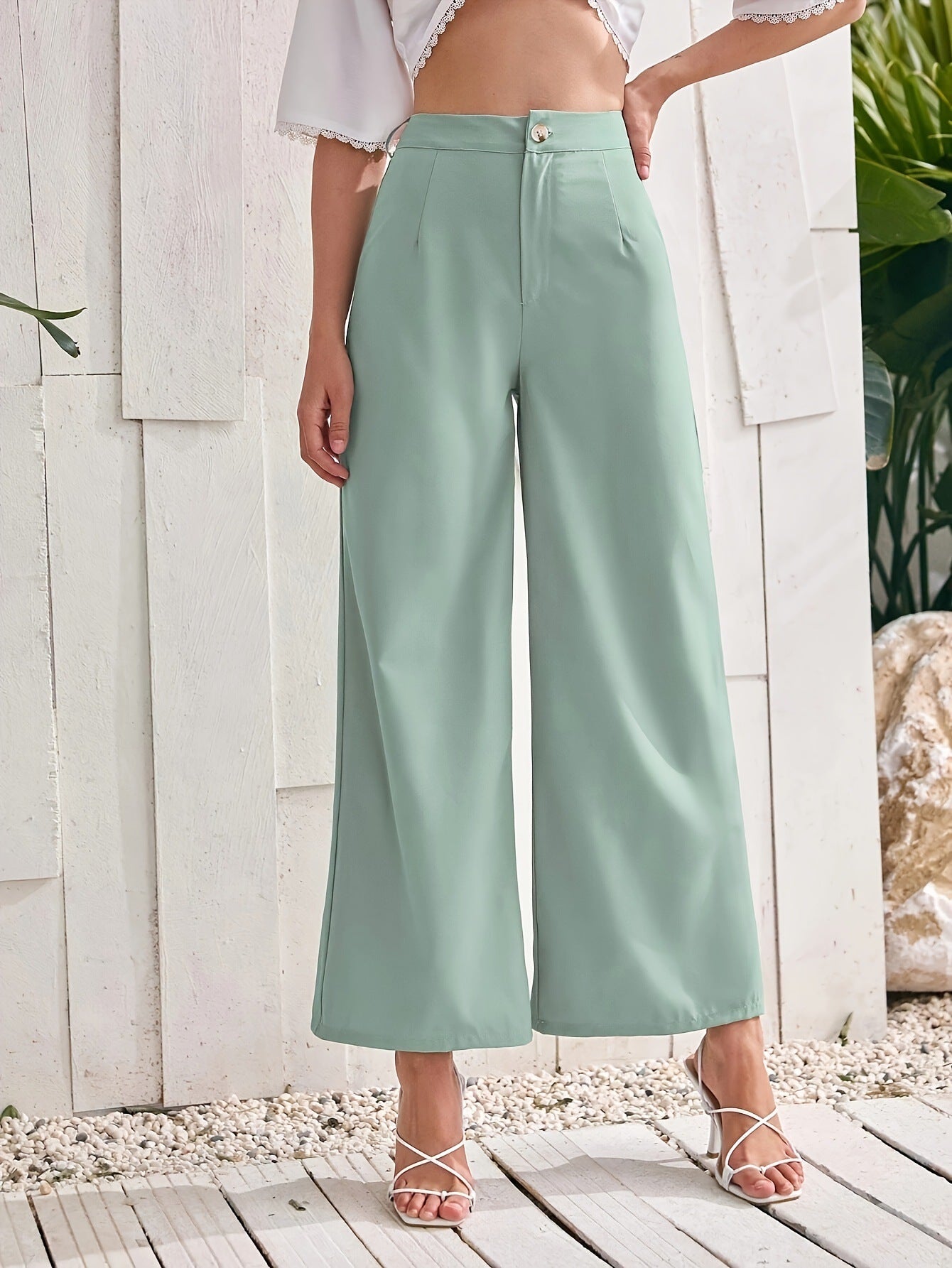 Mint green fresh comfort wide high-waisted wide leg pants for stylish comfort